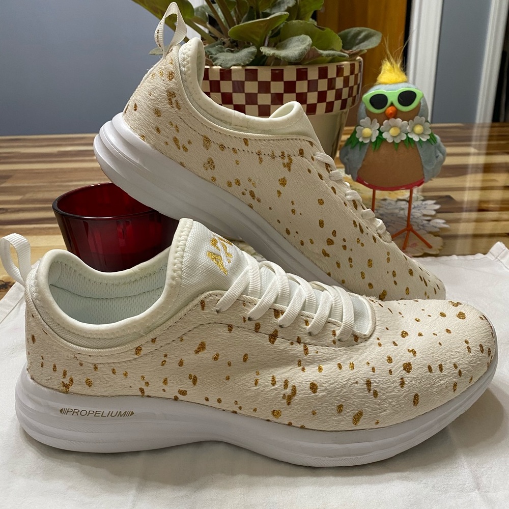 APL Iconic Phantom Calf Hair Cream and Gold Shoes